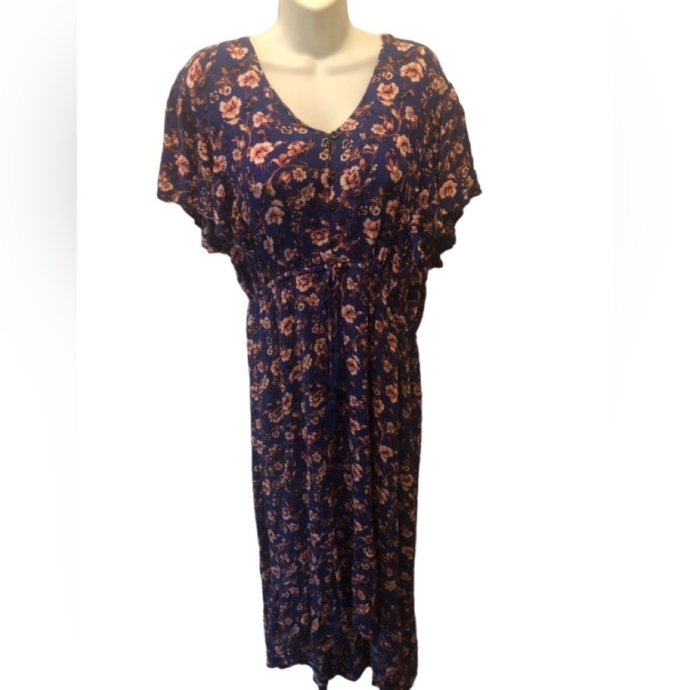 Knox Rose Peasant Floral Maxi Dress XXL Ruffle Hem Flutter SS Blue Drawstring